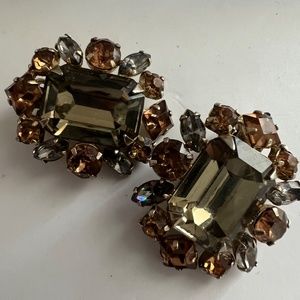 Vintage Sherman Clip On Earrings Emerald Cut Rare Smokey Topaz Color